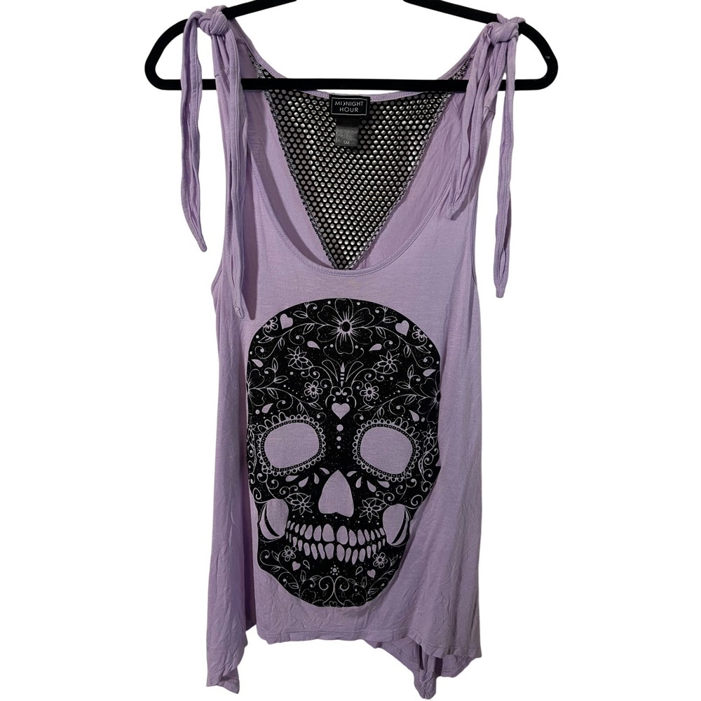 Midnight Hour Tank Top Size Small Goth Sugar Skull Purple Mesh Back Tie Strap